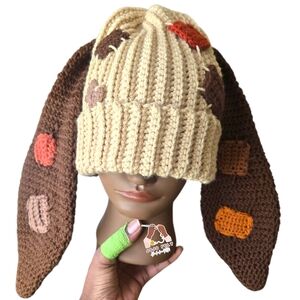 Cream/Chocolate Ribbed "Patched" Bunny Beanie, Adult Unisex, HandmadeByMe,OFFERS